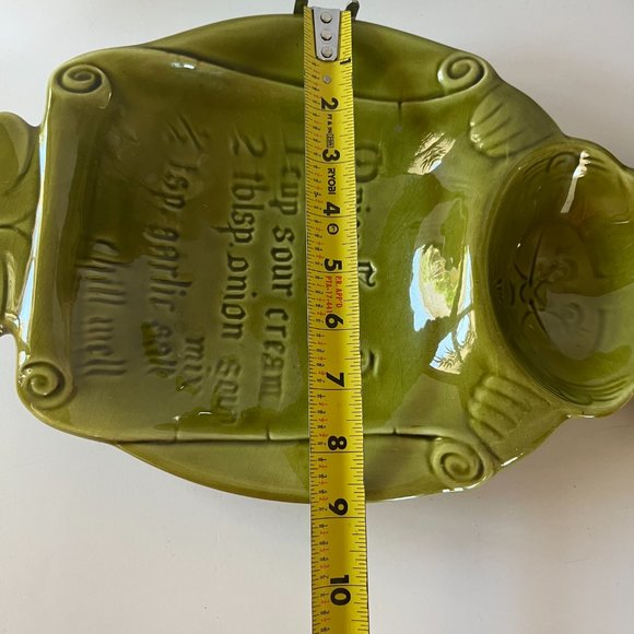California Pottery Onion Soup Chip Dip Recipe Avocado green Tray Glaze MCM - Picture 14 of 16